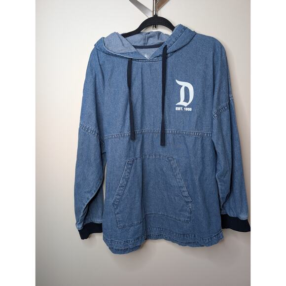 Disneyland Resort Spirit Jersey Denim Hoodie Pullover HUGE LOGO Spellout Adult M